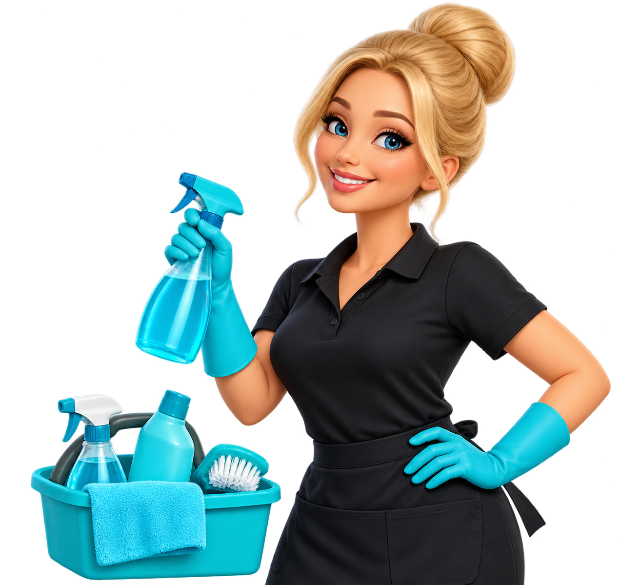 Friendly professional cleaner holding a spray bottle